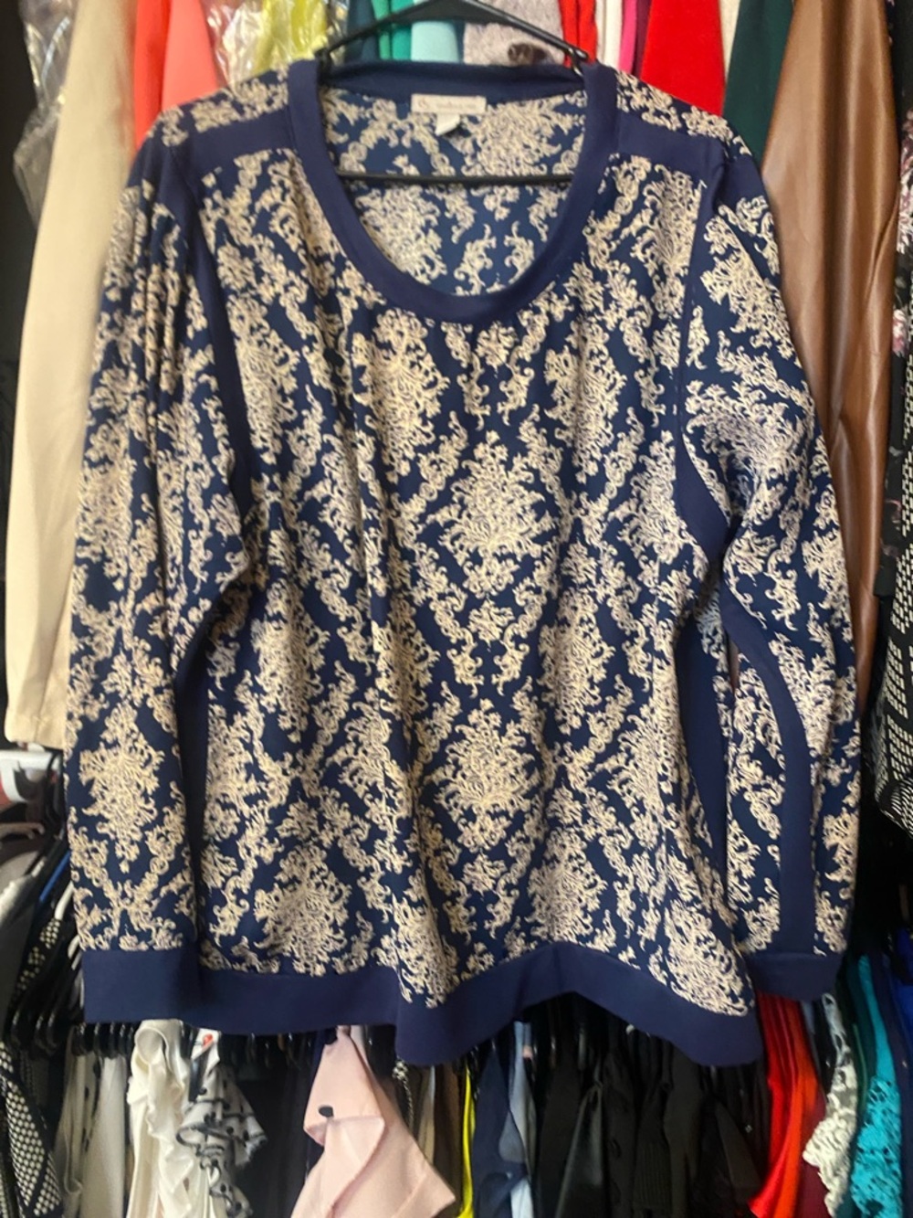 Navy and Cream Damask Print Women's Sweater